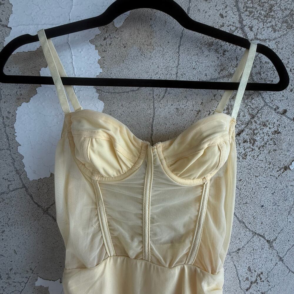 Y2K Corset Dress Ruched Sheer Mesh Bodycon Mini Yellow Womens S Coquette Glam - Picture 2 of 6